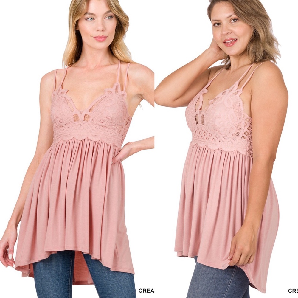 Cream Mauve Boho Crochet Lace Bralette Babydoll Ruffle Long Line Tunic Cami Top